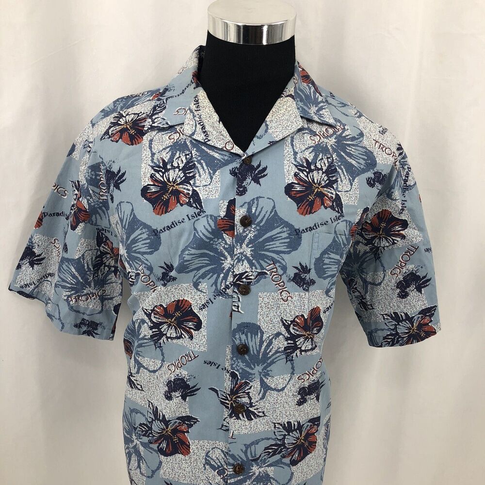 Hilo Hattie Tropics Paradise Isles Hibiscus Flowers Blue Hawaiian Shirt Large